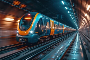 A modern commuter train gliding smoothly through an underground tunnel