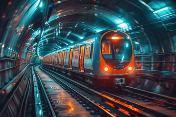 A modern commuter train gliding smoothly through an underground tunnel - obrazy, fototapety, plakaty