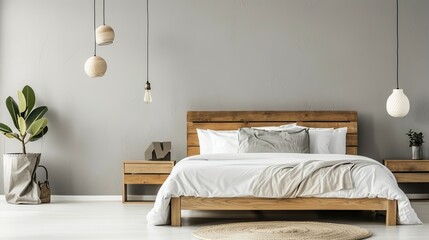 Fototapeta na wymiar Cozy Bedroom Scene with Elegant Wooden Bed Frame