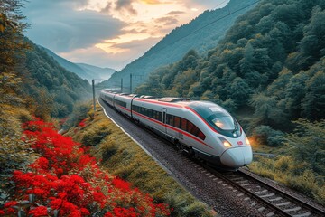 A modern high-speed train speeding through a scenic countryside, creating a sense of motion