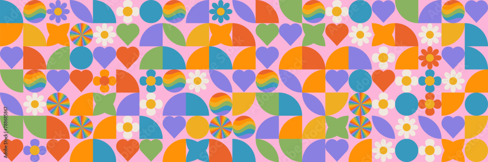 Poster rainbow pride month block frame background template. rounded tiles seamless pattern for lgbt parade.