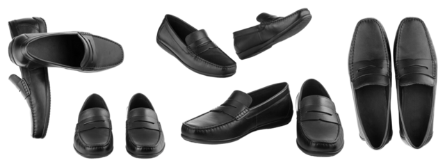 Set men's pair of black moccasins on isolated white background close-up