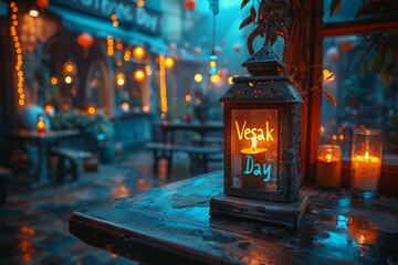 Lantern with Vesak Day inscription in a festive setting, suitable for cultural and religious...