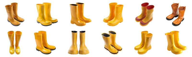 Variety of yellow rain boots isolated cut out png on transparent background
