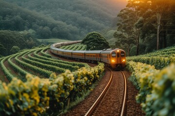 A passenger train winding its way through a lush vineyard, with rows of grapevines
