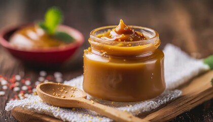 Close-up of creamy dulce de leche in a glass jar.
 - obrazy, fototapety, plakaty