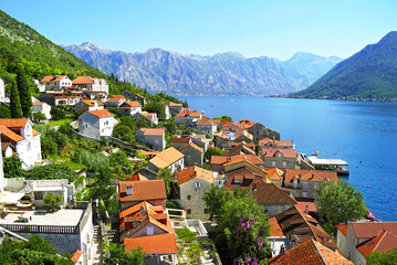 Fototapeta na wymiar View of the Montenegrin city of Perast from the Bell Tower of St. Nicholas