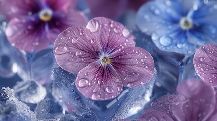   A cluster of purple and blue blossoms, adorned with droplets of water, bears yellow centers encircled by smaller blue and purple blooms