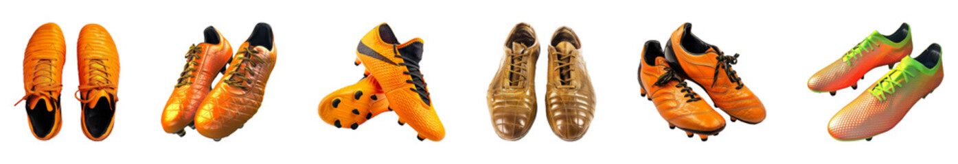 Range of vibrant orange soccer cleats isolated cut out png on transparent background