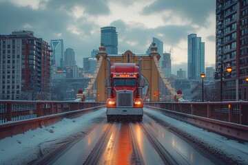 A semi-truck crossing an impressive arch bridge, with the city skyline in the background - obrazy, fototapety, plakaty
