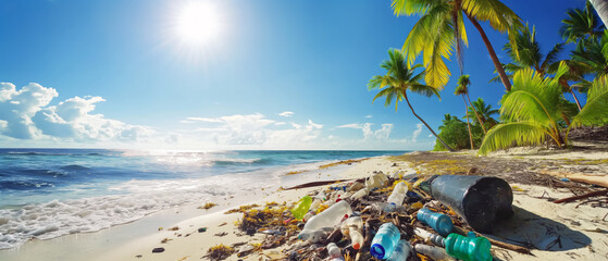 Beautiful tropical beach, with rubbish - washed up plastic waste on sand in foreground. Ocean pollution concept. Generative AI
