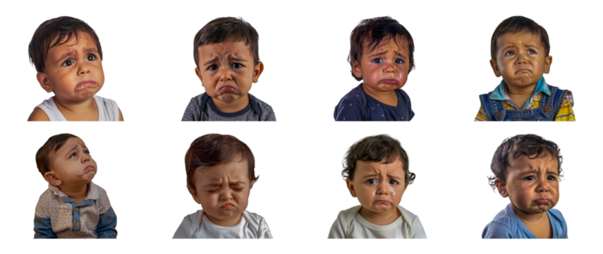 Hispanic baby crying softly with tears on cheeks cut out png on transparent background - Powered by Adobe