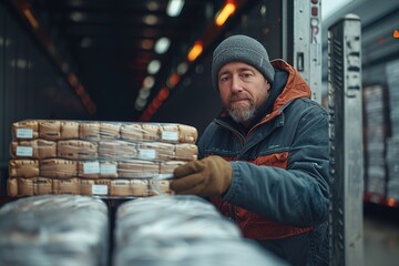 A semi-truck driver assisting with the unloading of their trailer, using a hydraulic lift gate to...