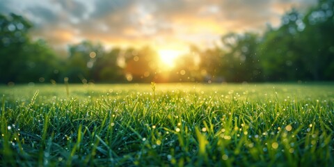 Droplets on grass glistening as the sun sets with warm glow over a tranquil park - obrazy, fototapety, plakaty