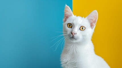 Portrait of Pure White Cat with odd eyes and tail lick on bright Blue and Yellow Background