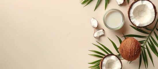 Summer coconut composition on a soft beige backdrop. Flat lay with coconut fruit, top view, and empty space for text.