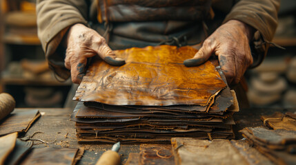 Crafting Excellence: Artisan Hands and Leather - obrazy, fototapety, plakaty