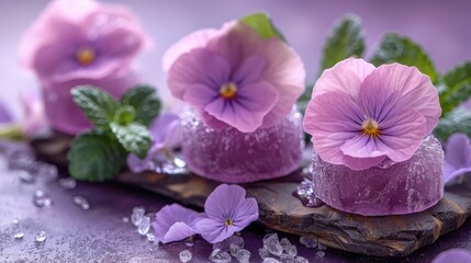   A cluster of purple blossoms atop a wooden plank, adjacent to a stack of ice cubes