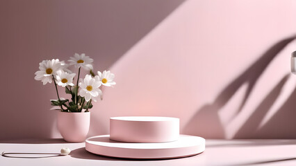 Pink minimal product display podium with chamomile flowers