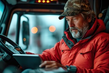 A semi-truck driver using a tablet to complete electronic logs, monitor fuel efficiency, and plan rest stops along their route - obrazy, fototapety, plakaty