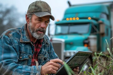 A semi-truck driver using a tablet to complete electronic logs and paperwork, ensuring compliance with regulations