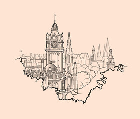 Edinburgh, Scotland illustrated as a vector line art graphic