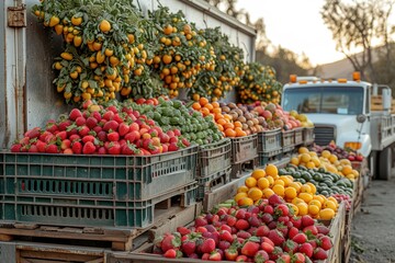 A semi-truck loaded with fresh produce, parked at a farmers' market, as vendors unload crates of fruits and vegetables