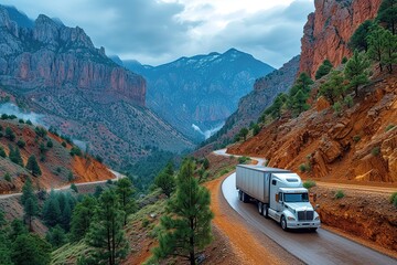 A semi-truck making a dramatic turn around a steep mountain switchback, with a sheer drop below