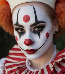 A clown makeup and makeup artist in a red and white striped dress