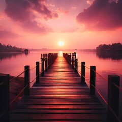 A dock with a sunset in the background, leading to a beautiful, pink sunset, going forward to the sunset