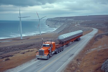 A semi-truck transporting sections of a wind turbine, the massive blades protruding from the trailer