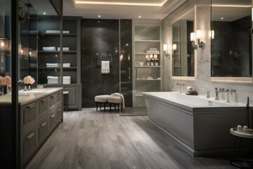 Contemporary Spacious gray bathroom. Glass mirror. Generate Ai