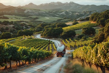 A tanker truck driver navigating a narrow, winding road through a picturesque vineyard