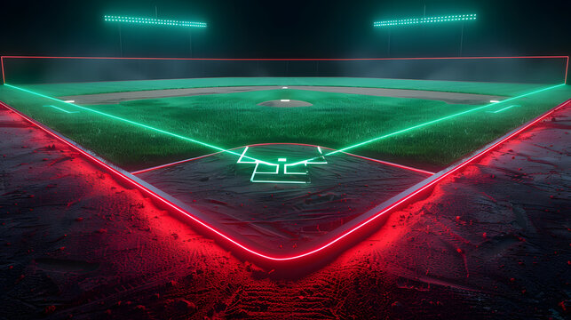 A 3D render of glowing neon baseball field on black background, in the style of electric green and intense red - Powered by Adobe