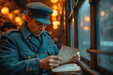 A train conductor in a vintage uniform punching tickets for passengers in a historic railcar
