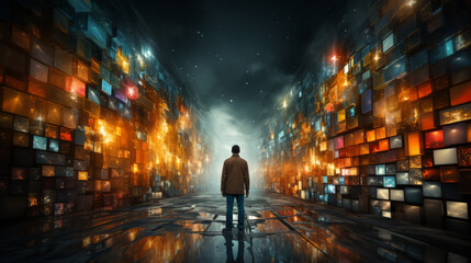 Man in futuristic cityscape with illuminated cubes