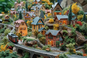 A train enthusiast's detailed model train layout, complete with miniature towns and landscapes