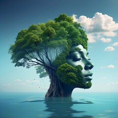 Environmental awareness Double exposure of female head with tree and green leaves Concept of ecology