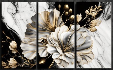 Abstract blue marble texture background with gold splashes flower designs, wall decoration, panel wall, art Painting,