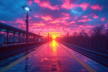 A train platform during a vibrant sunset, with colorful hues painting the sky - obrazy, fototapety, plakaty