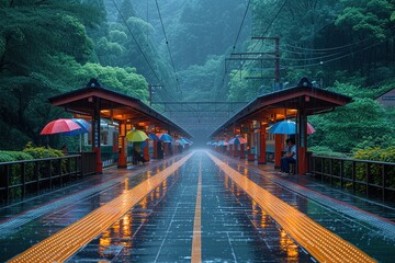 A train station platform during a rain shower, with passengers huddled under colorful umbrellas