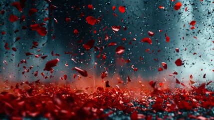   Red petals adorn a window as raindrops fall, with a central red light casting a gentle glow - obrazy, fototapety, plakaty