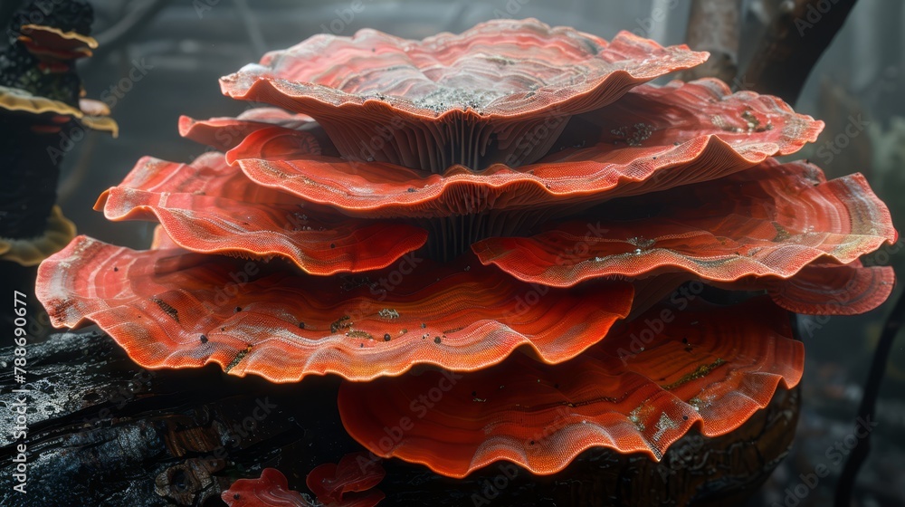 Poster a tight shot of red mushrooms cluster on a tree branch within a forest, surrounded by additional mus
