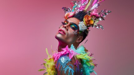 Muscular and feminine male drag queen, colorful feathers and background