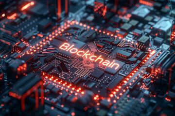 Blockchain glowing tech computer chip board Electronics