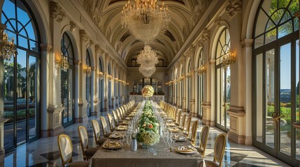 Luxurious Banquet Hall with Sunlit Arched Windows