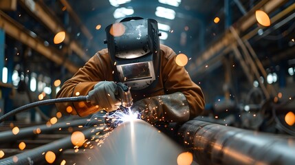 Welder at Work: Sparks in the Workshop. Concept Welding, Metal Fabrication, Industrial Work, Workshop Safety, Protective Gear - obrazy, fototapety, plakaty