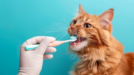 red fluffy cat licks a female hand in a rubber glove holding a toothbrush for cleaning pet teeth blue background