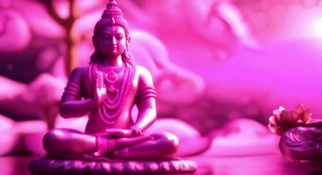 Iridescent Pink Meditating Lord Shiva Statue in Lotus Yoga Position: Seamless Looping Animated Background. Hinduism Religion 3D Render Animation.