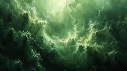   A painting of a green-black vortex with light emanating from its core